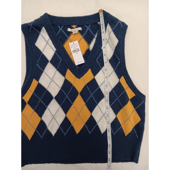 American Eagle Outfitters Argyle Sweater Vest Navy Blue Yellow White Women's M - Picture 8 of 9